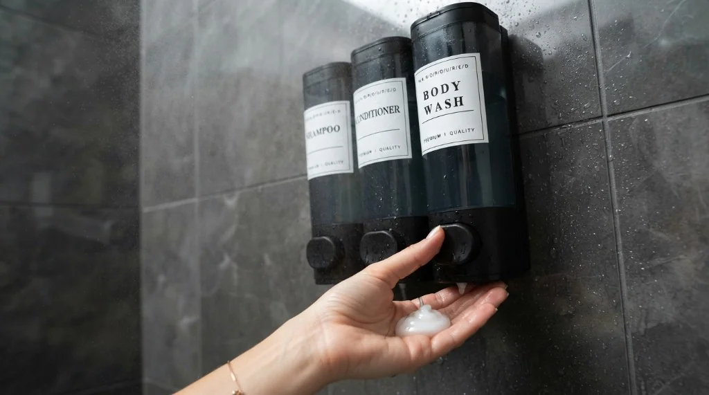 Cabo Deseado distributeur mural noir 3 compartiments pour savon et shampoing avec fenetre transparente
