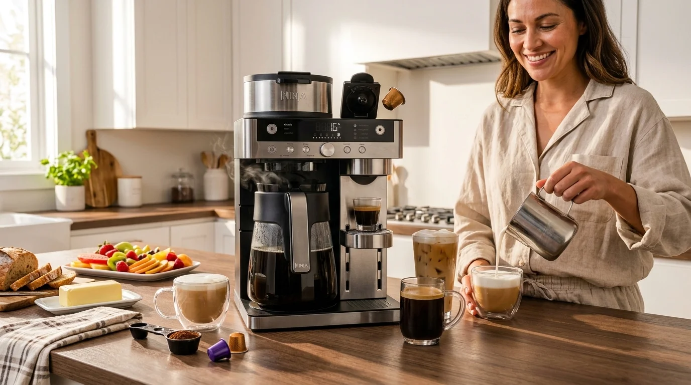 Machine a cafe 2 en 1 Ninja Prestige avec carafe filtre — Buse a lait rabattable pour mousse veloutee de barista