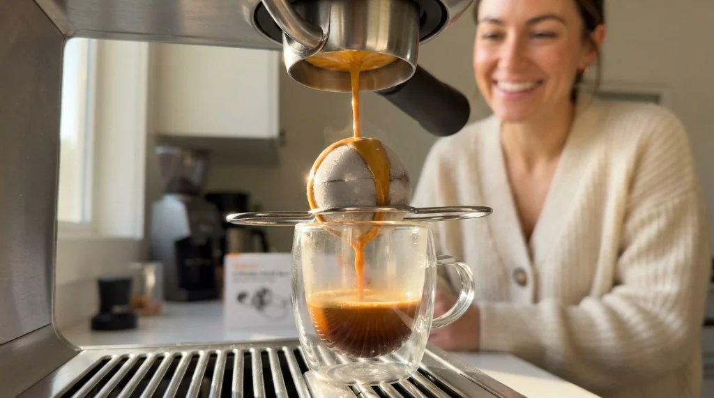 Boules de refroidissement pour espresso en inox avec support posé sur une tasse en verre