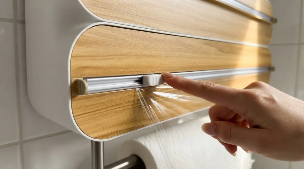 Distributeur 4 en 1 de film alimentaire et papier aluminium magnetique avec porte essuie tout sur refrigerateur