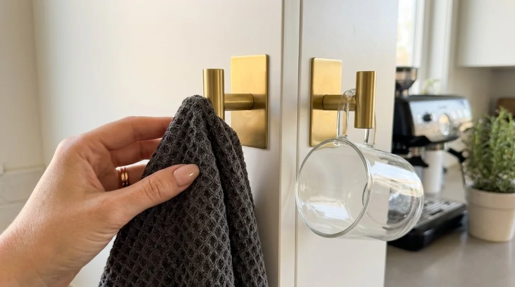 Crochets adhesifs et barre porte torchon en acier inoxydable or brosse sur meuble de cuisine