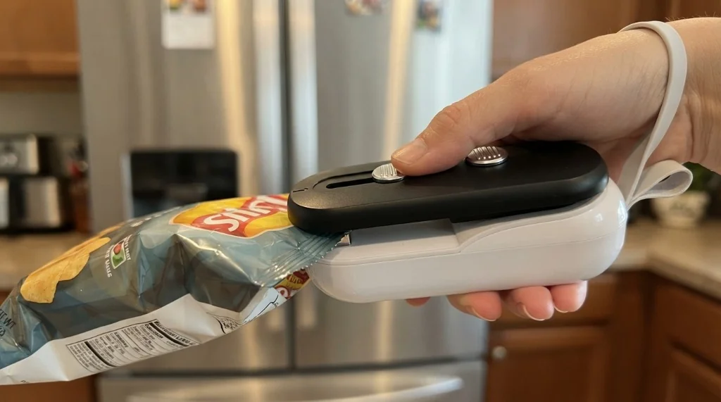 Mini scelleuse thermique portable avec aimant et lame integree fixee sur la porte du refrigerateur