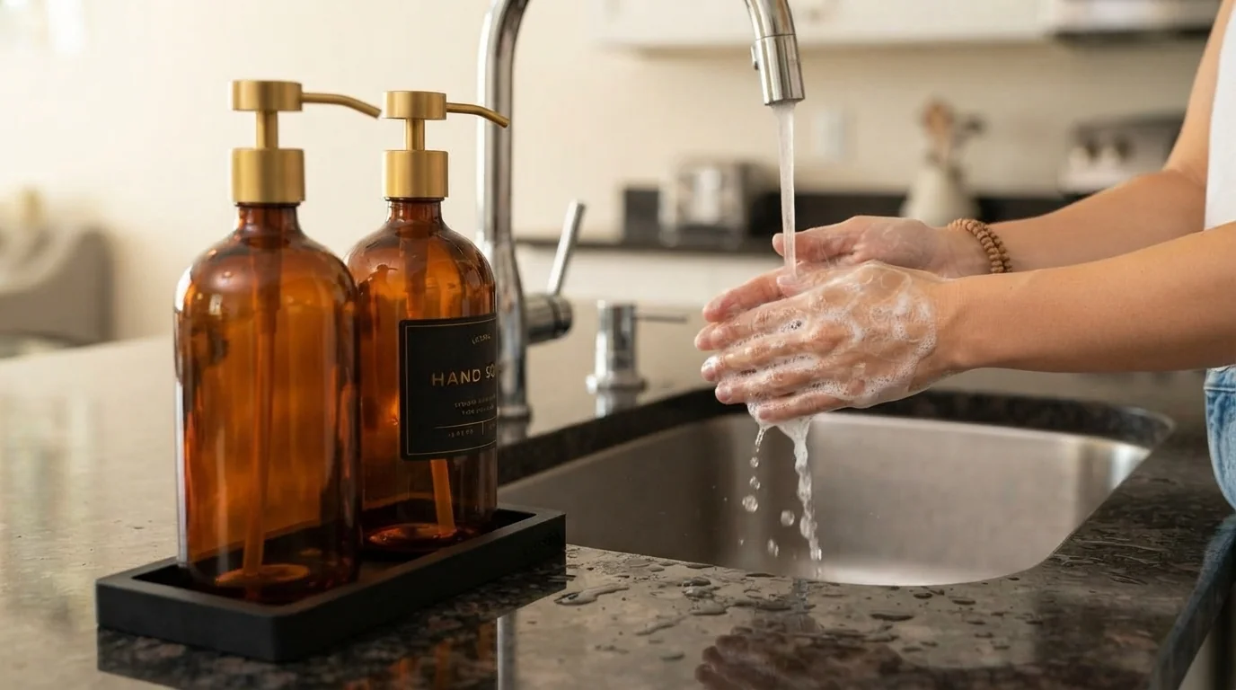 LUSSPA distributeurs savon liquide verre ambré pompe dorée plateau silicone