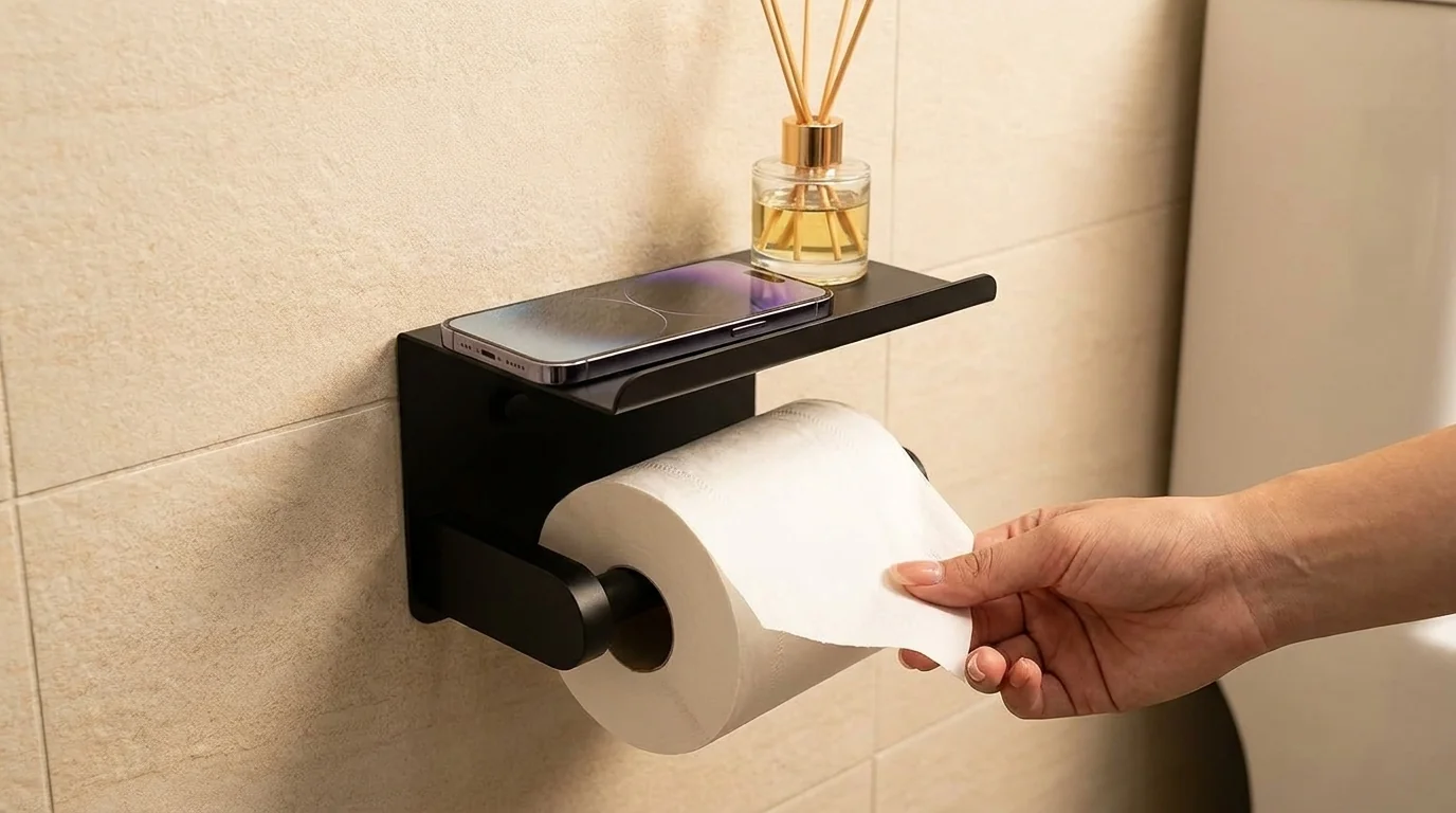 SetSail porte papier toilette avec etagere acier inoxydable noir mat salle de bain